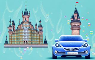 A car being washed with soap bubbles and water