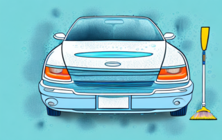 A car with visible water stains on its surface and a variety of cleaning tools like a sponge