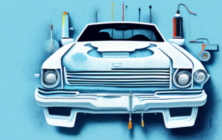 A car in a paint booth with spray painting equipment nearby