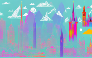 A variety of colorful and unique slides (folien) scattered across a stylized skyline of frankfurt