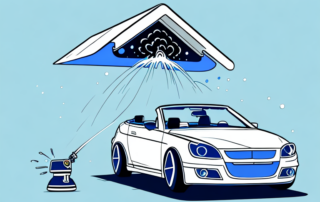 A convertible car with its fabric roof being treated with a waterproofing spray