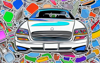 A car's windshield with various types of colorful stickers on it
