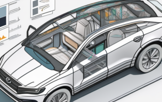 A computer screen showing a 3d model of a vehicle
