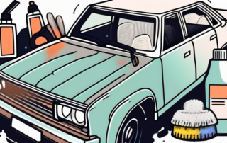 A heavily soiled car with cleaning tools such as a bucket