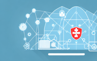 A computer with a protective shield symbol on the screen