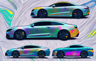 Several different cars with unique and creative foil wrap designs