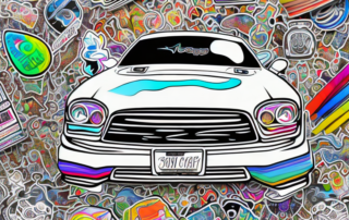 A car decorated with various creative and unique stickers