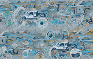 A car creatively decorated with abstract patterns and shapes