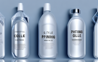 Five different bottles of polishing products placed in a row