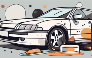 A car with visible tar spots on its surface and a variety of cleaning products nearby