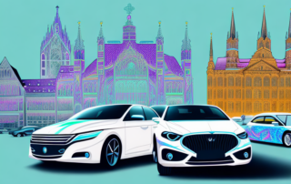 A variety of cars with different vibrant foil wraps parked in front of iconic mönchengladbach landmarks