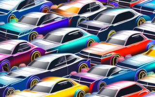 Several different cars in various vibrant foil colors