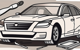 A car with chipped paint and a set of tools nearby