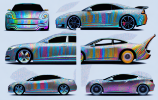 A variety of cars with unique and creative foil wraps in different patterns and colors