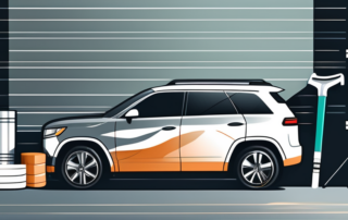 An suv parked in a garage with various wrapping tools laid out