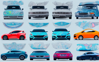 A variety of cars with different vibrant wraps parked in front of recognizable hamburg landmarks