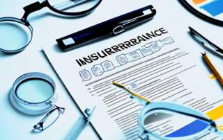 Several insurance policy documents with check marks and magnifying glasses