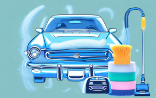 Various car cleaning tools such as a bucket of soapy water