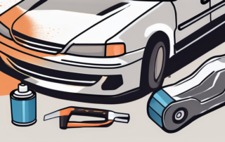 A car with visible paint damage on one side and a set of car repair tools