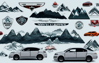 A variety of car stickers with mountain-themed designs