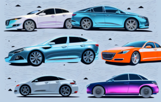 A variety of cars with different vibrant foil wraps parked on a picturesque essen city street