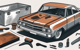 A car with visible rust patches being treated with various tools and products