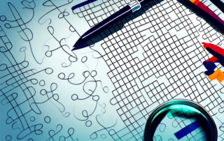 A magnifying glass hovering over a complex crossword puzzle with a bottle of polish sitting next to it