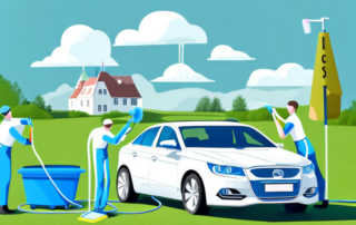 A car being washed at a home setting with various cleaning tools around