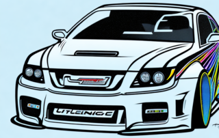 A car with various tuning accessories like spoilers