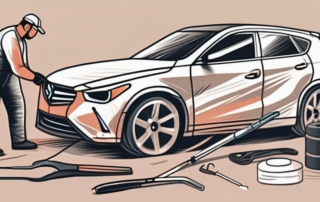 A car with deep scratches being repaired with a specialized repair kit