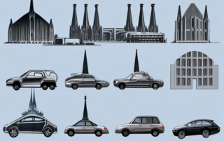 Various cars with different types of foil finishes parked in front of iconic landmarks of north rhine-westphalia