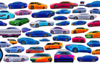 A variety of cars with funny and unusual stickers in vibrant colors