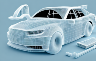 A 3d printer in the process of printing out various parts of a car