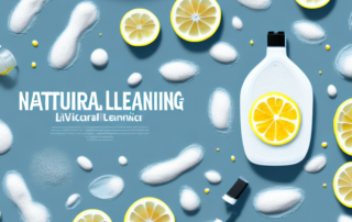 Various natural cleaning items such as a vinegar bottle