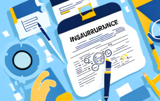 Several insurance policy documents with check marks and a magnifying glass on top