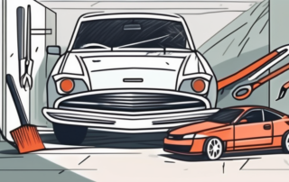 A car with visible deep scratches on its side and a set of car repair tools nearby