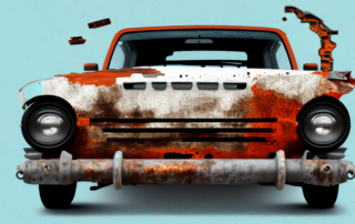 A car with visible rust spots in the process of being repaired and repainted