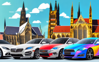 A variety of vehicles with different vibrant foil wraps parked in front of iconic münster landmarks