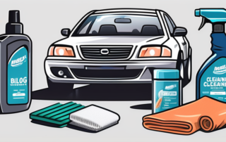 A car with various car care products like wax