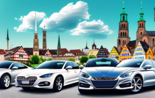 A variety of cars with different vibrant and unique foil wraps parked in a scenic view of braunschweig