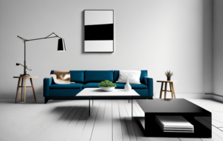 A modern living room with various furniture pieces like a sofa