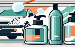 Several top-rated foam car cleaners displayed on a shelf with a car in the background being cleaned with foam