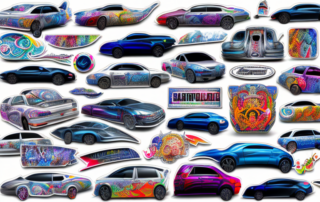 Various creative and unique car stickers placed on different parts of a car