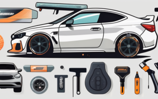A car with various tuning stickers on it
