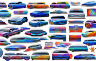 A variety of colorful and unique stickers on different parts of a car