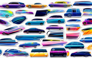 A variety of colorful and stylish windshield stickers displayed on different types of cars