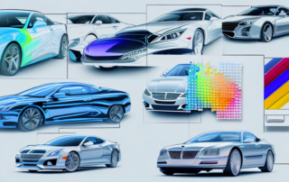 A computer screen displaying a software interface with various car models and color swatches