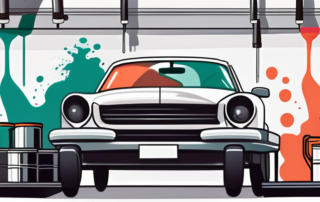A car in a painting booth with spray guns and various paint cans nearby