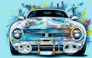 A car in the process of being painted with various tools and paint cans around