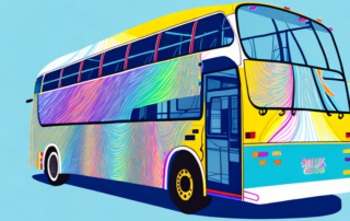 A bus being wrapped in a colorful vinyl film